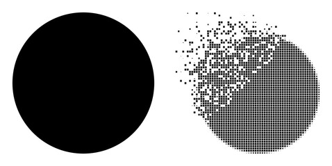 Dispersed dotted circle vector icon with destruction effect, and original vector image. Pixel disintegration effect for circle shows speed and movement of cyberspace items.