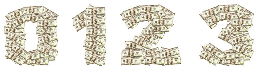 Numbers 0, 1, 2, 3 made of dollars