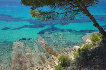 Panoramic view of the crystal clear waters of Moraira, Alicante, Spain