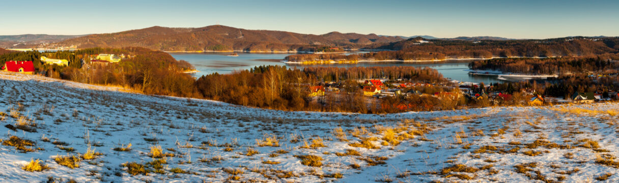 Solińskie Lake seen from the viewpoint in Polańczyk. Polanczyk, Solina, Bieszczady Mountains.