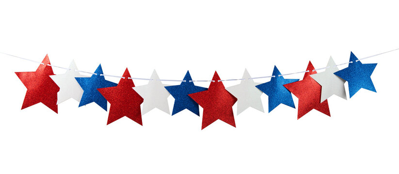 Star garland or American Flag. 4th of July Independence Day. US starry striped patriotic symbol. United States of America. Stars on white isolated background. Close-up High resolution photo.