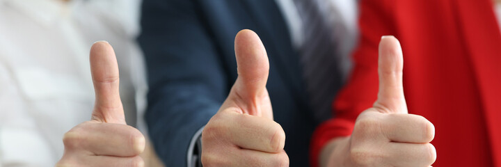 Obraz premium Businessman and businesswomen showing ok gesture with thumbs up