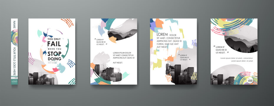 Portfolio design vector set. Abstract paint brush graphic gradient watercolor shape on cover book presentation. Minimal brochure layout and modern report business flyers poster template.