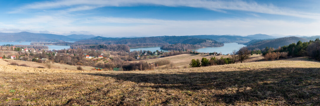 Solińskie Lake seen from the viewpoint in Polańczyk. Polanczyk, Solina, Bieszczady Mountains.