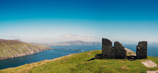 Ruins of a small building on top of Moyteoge Head with spectacular view on Achill island in the...