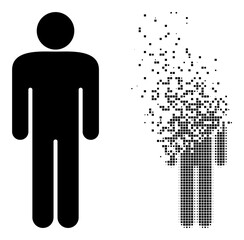 Dissolved dot man figure vector icon with destruction effect, and original vector image. Pixel destruction effect for man figure shows speed and motion of cyberspace objects.