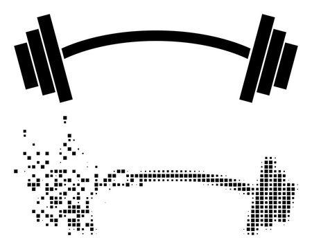 Fractured dotted heavy barbell vector icon with destruction effect, and original vector image. Pixel defragmentation effect for heavy barbell demonstrates speed and movement of cyberspace matter.