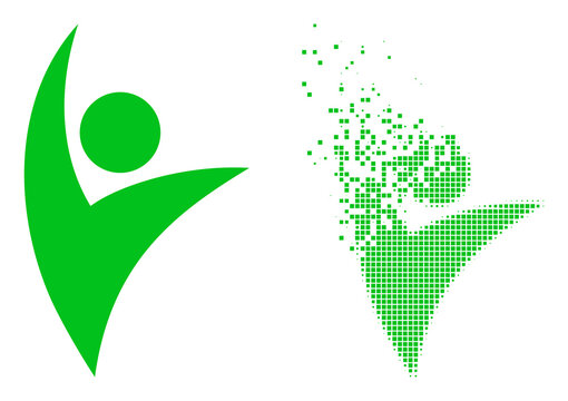 Dispersed dot eco man vector icon with wind effect, and original vector image. Pixel dematerialization effect for eco man demonstrates speed and movement of cyberspace abstractions.