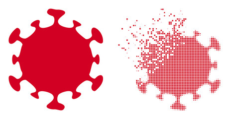 Dispersed dot covid virus vector icon with destruction effect, and original vector image. Pixel dissipation effect for covid virus shows speed and movement of cyberspace objects.
