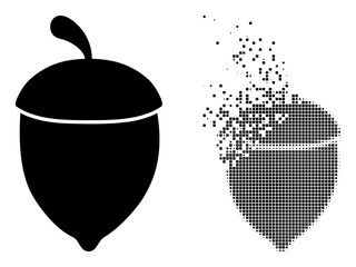 Dispersed dot oak acorn vector icon with wind effect, and original vector image. Pixel dust effect for oak acorn shows speed and motion of cyberspace objects.