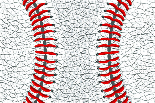 Baseball ball background, close-up leather with red laces stitching. Vector illustration.