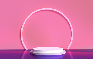 Blank product stand with neon lights on pastel colors background. 3d rendering