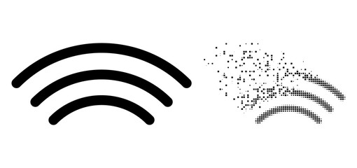 Dispersed dotted radio waves vector icon with destruction effect, and original vector image. Pixel destruction effect for radio waves demonstrates speed and motion of cyberspace things.