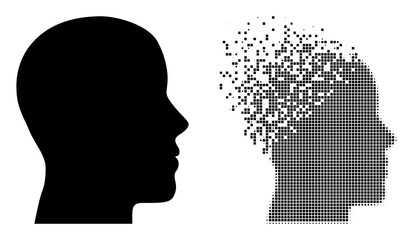 Dissolved pixelated man profile vector icon with destruction effect, and original vector image. Pixel degradation effect for man profile shows speed and motion of cyberspace items.