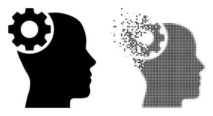 Dispersed dot brain gear vector icon with destruction effect, and original vector image. Pixel fragmentation effect for brain gear shows speed and motion of cyberspace matter.