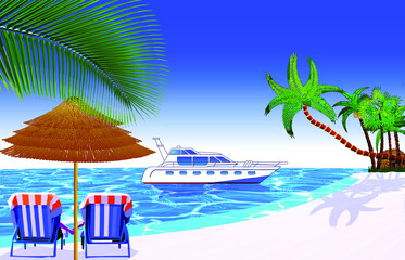 Tropical vacation scene, with beach, yacht, palms with a clear blue sky and sea, vector illustration