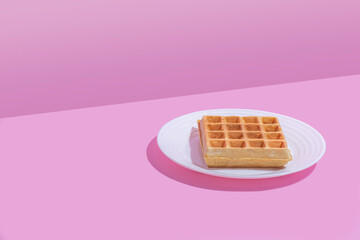 One waffle on a plate on pastel pink background. Copy space.