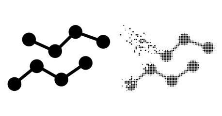 Dispersed dot charts vector icon with wind effect, and original vector image. Pixel destruction effect for charts demonstrates speed and movement of cyberspace abstractions.