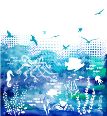 Abstraction of sea and seagulls. sea background with fishes and octopus . Vector illustration