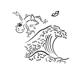 Be careful on the water. Caution at sea. Wave and swimmer. Vector illustration