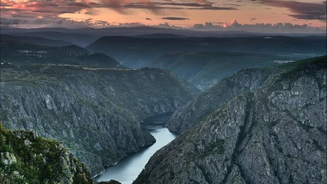 Time lapse of sunset over river Sil Canyon in Parada de Sil in Galicia, Spain. View from Cabezoa lookout. Place to visit.