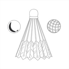 Shuttlecock and Balls for big tennis or Badminton. Hand drawn Vector Illustration of spots equipment. Isolated objects on white background