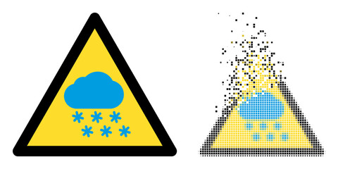 Dispersed dotted snow weather warning vector icon with wind effect, and original vector image. Pixel dissipating effect for snow weather warning demonstrates speed and movement of cyberspace matter.