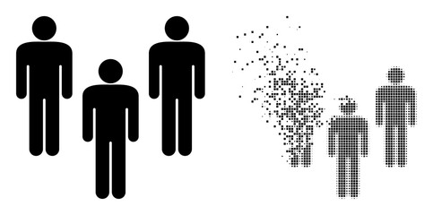 Fractured pixelated people crowd vector icon with destruction effect, and original vector image. Pixel destruction effect for people crowd demonstrates speed and movement of cyberspace items.