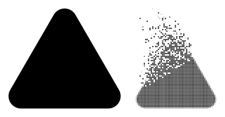Fractured dot rounded triangle vector icon with wind effect, and original vector image. Pixel dust effect for rounded triangle demonstrates speed and motion of cyberspace objects.