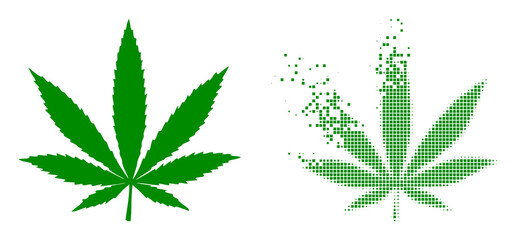 Dispersed pixelated cannabis vector icon with wind effect, and original vector image. Pixel abrasion effect for cannabis demonstrates speed and movement of cyberspace items. - obrazy, fototapety, plakaty
