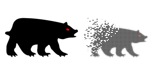 Fractured dot bear vector icon with destruction effect, and original vector image. Pixel destruction effect for bear shows speed and movement of cyberspace items.