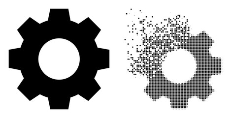Fractured dotted gear vector icon with destruction effect, and original vector image. Pixel dissipating effect for gear shows speed and motion of cyberspace matter.