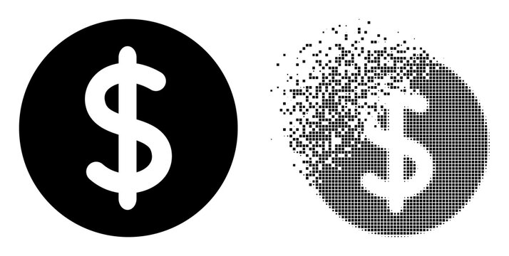 Fractured dot dollar price vector icon with destruction effect, and original vector image. Pixel destruction effect for dollar price shows speed and motion of cyberspace matter.