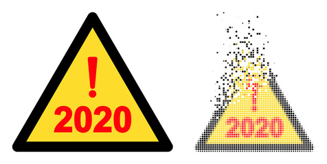 Fractured dot 2020 year warning vector icon with wind effect, and original vector image. Pixel dissolving effect for 2020 year warning demonstrates speed and movement of cyberspace objects.