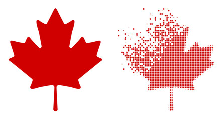 Dispersed dot maple leaf vector icon with destruction effect, and original vector image. Pixel dematerialization effect for maple leaf demonstrates speed and movement of cyberspace abstractions.