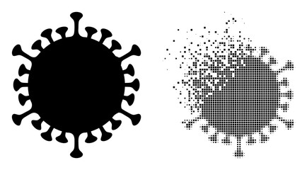 Dispersed pixelated covid vector icon with wind effect, and original vector image. Pixel disintegration effect for covid demonstrates speed and motion of cyberspace items.