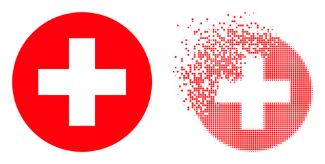 Dispersed dot medical aid vector icon with wind effect, and original vector image. Pixel transformation effect for medical aid demonstrates speed and motion of cyberspace objects.