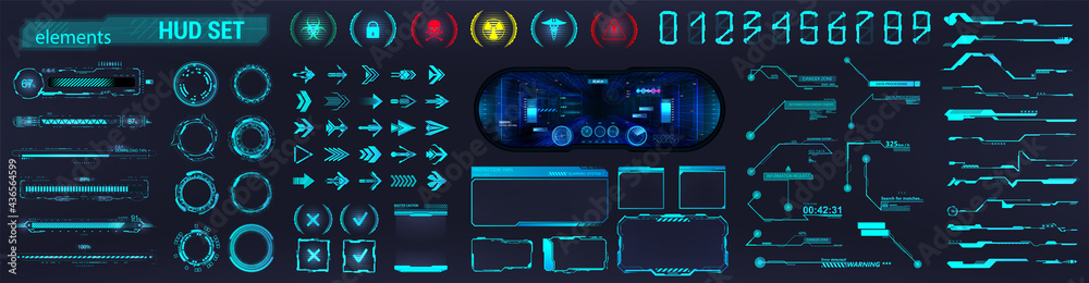 Poster Blue HUD and Sci-fi UI collection elements - Futuristic circle, Frames, Callouts titles, loading bars, arrows, holograms VR, icons, bar labels and lines. HUD collection for UI, UX, GUI design. Vector