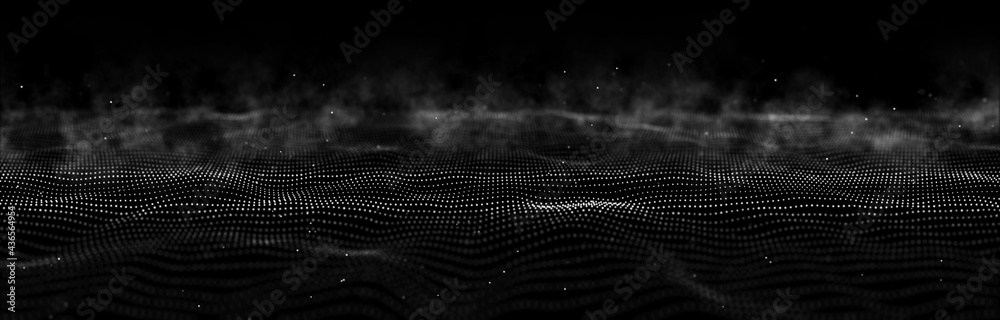Poster wave of particles. dynamic wave on black background. big data visualization. data technology abstrac