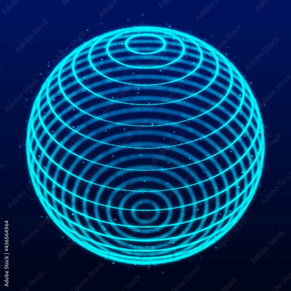 Poster Abstract 3d sphere. Sphere with twist lines. Glowing lines twisting Logo design. Outer space object. Futuristic technology style. Sphere particles. 3d rendering.