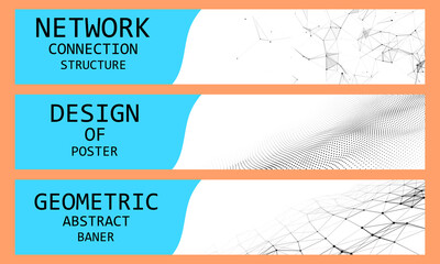 Set of three vector abstract banners. Baner design template. Network connection structure. Big data visualization. Vector illustration.