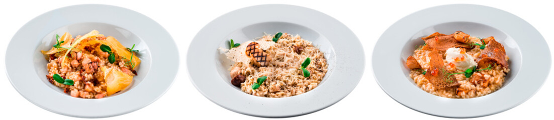 risotto collection set with mushrooms, parmesan cheese, pork meat and salmon isolated