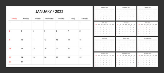 Calendar 2022 week start Sunday corporate design planner template.