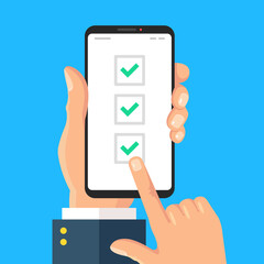 Online survey. Mobile phone with checklist on screen. Hand holding smartphone. Modern vector illustration