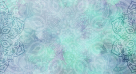 Soft textured pastel aqua, green, blue, purple watercolour background with mandalas