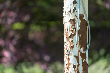 detail of an old and weathered flag pole with rope against a dark background