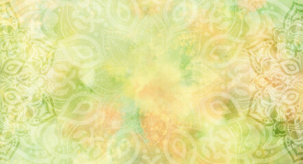 Fototapeta na wymiar Bright pastel lime green, yellow and orange watercolour background with mandalas