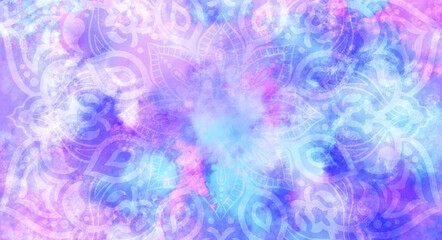 Obraz na płótnie Canvas Bright textured pastel pink, blue, purple watercolour background with mandalas