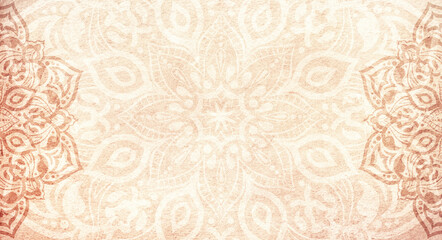 Soft earthy terracotta sandstone textured background with mandala decorations - copy space, frame