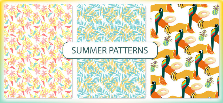 Set of repeating patterns with simple summer and tropical motifs. surface patterns to decorate.